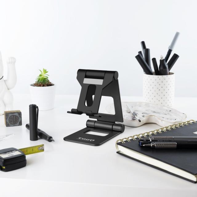 TooQ - Soporte de sobremesa ajustable para teléfono / tablet hasta 10”, Negro