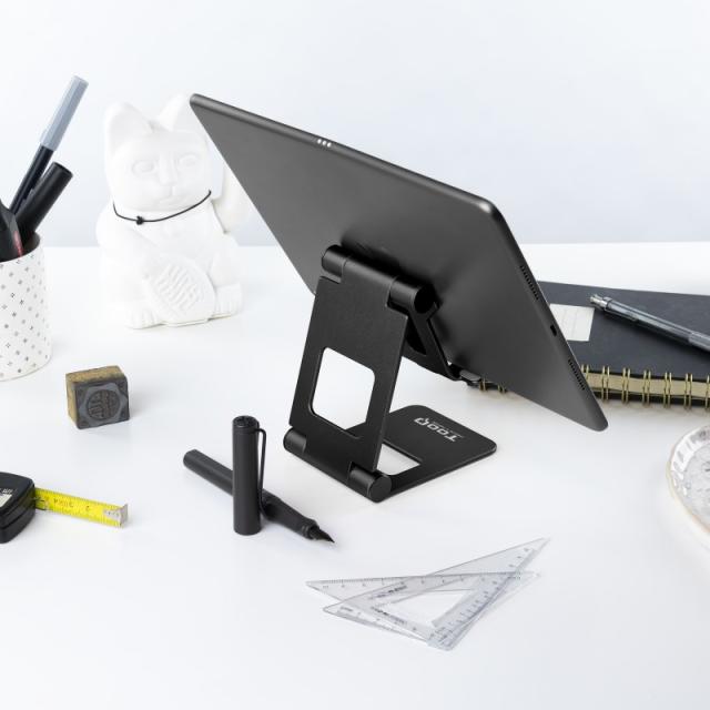 TooQ - Soporte de sobremesa ajustable para teléfono / tablet hasta 10”, Negro
