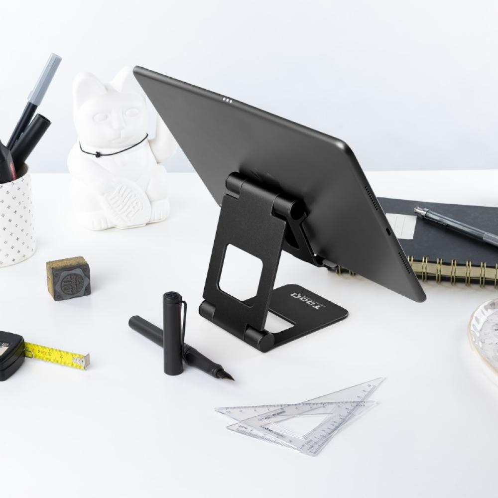 TooQ - Soporte de sobremesa ajustable para teléfono / tablet hasta 10”, Negro