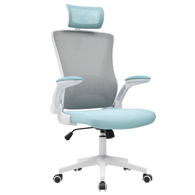 Sillón de oficina LAURO, alto, blanco, malla gris, asiento azul