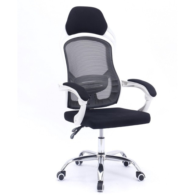 Sillón de oficina LINZ, blanco, alto, gas, sincro, malla y tejido negro