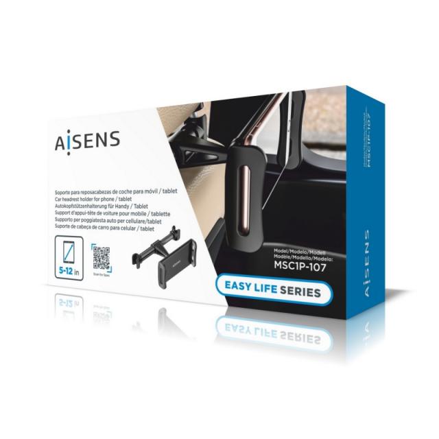 AISENS - Soporte Coche Ajustable (1 Pivote) Para Reposacabezas Para Telefono / Tablet, Negro