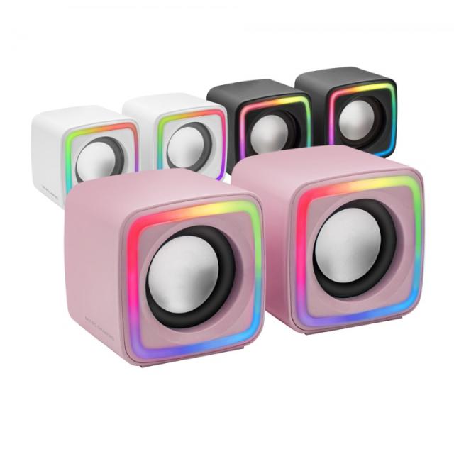 Mars Gaming - MSCUBEP Rosa, Altavoces Gaming RGB Compactos, Procesador Sonido DSP 8W, Control Volumen