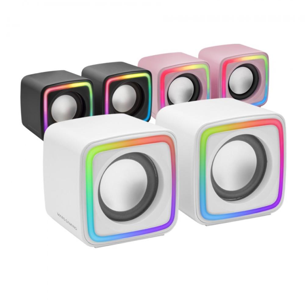 Mars Gaming - MSCUBEW Blanco, Altavoces Gaming RGB Compactos, Procesador Sonido DSP 8W, Control Volumen