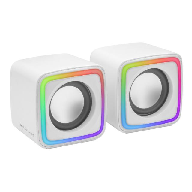Mars Gaming - MSCUBEW Blanco, Altavoces Gaming RGB Compactos, Procesador Sonido DSP 8W, Control Volumen