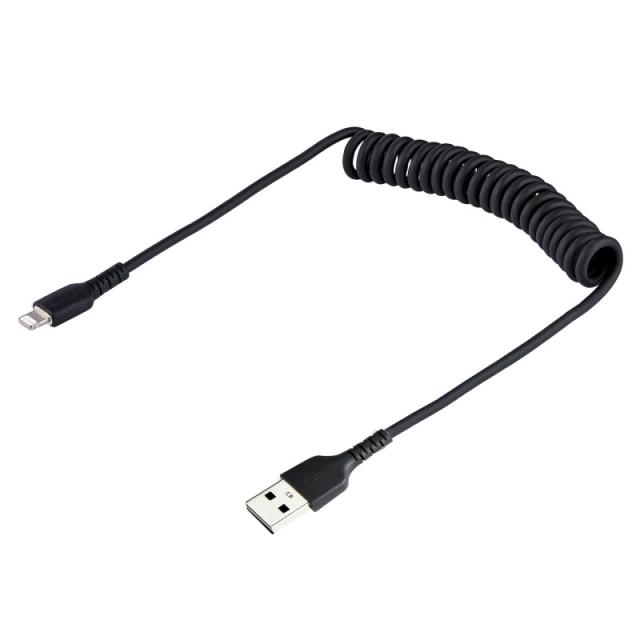 StarTech.com - Cable 50cm USB a Lightning con Certificación MFi, Cable Rizado de Carga para iPhone, Negro, con Recubrimiento de