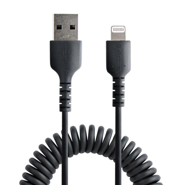 StarTech.com - Cable 50cm USB a Lightning con Certificación MFi, Cable Rizado de Carga para iPhone, Negro, con Recubrimiento de