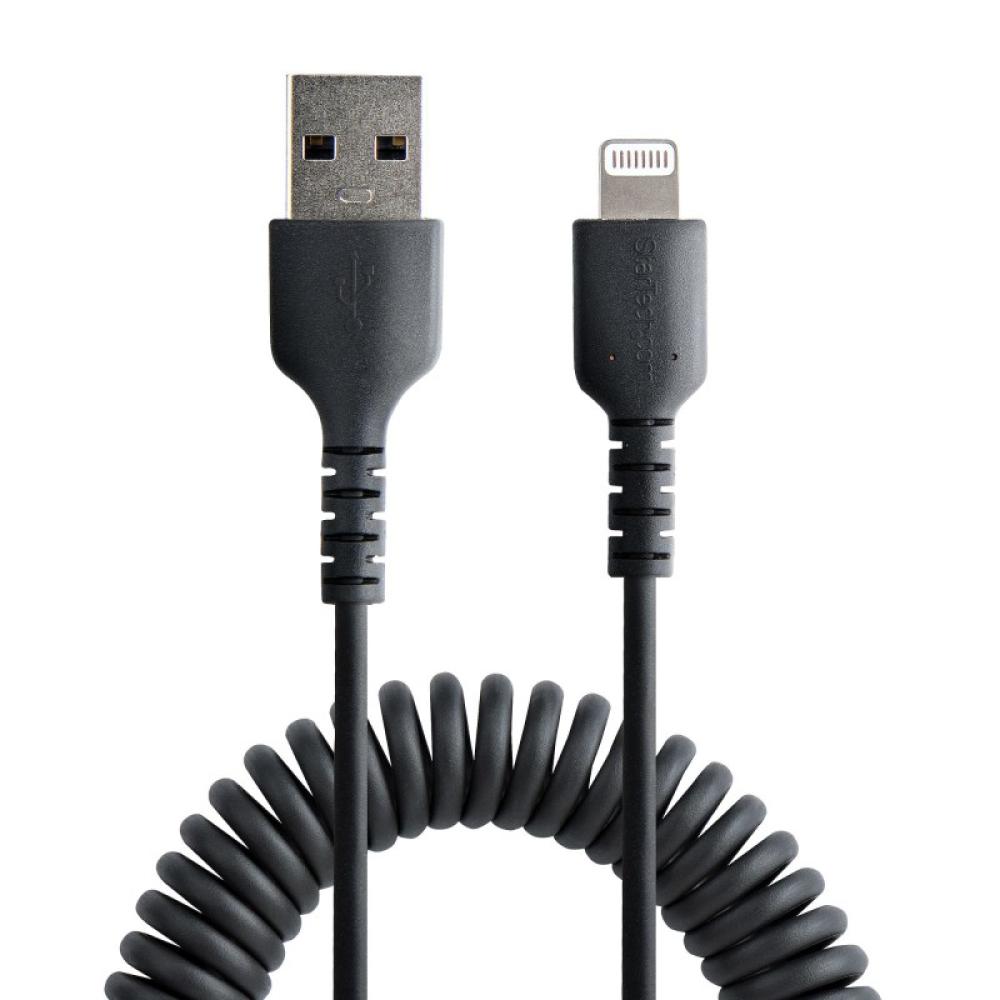 StarTech.com - Cable 50cm USB a Lightning con Certificación MFi, Cable Rizado de Carga para iPhone, Negro, con Recubrimiento de