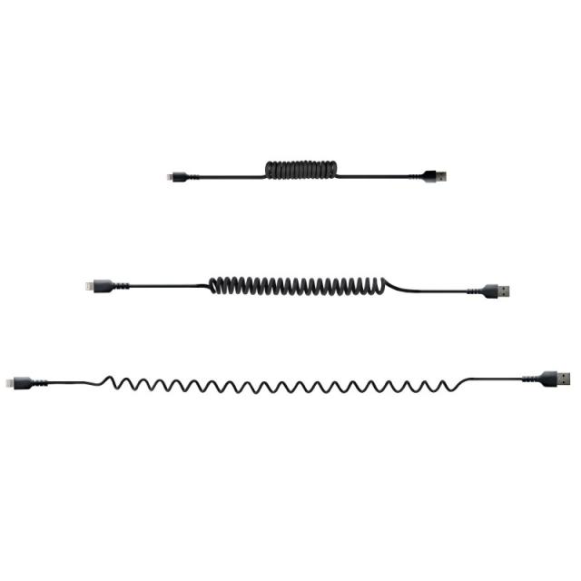 StarTech.com - Cable 50cm USB a Lightning con Certificación MFi, Cable Rizado de Carga para iPhone, Negro, con Recubrimiento de
