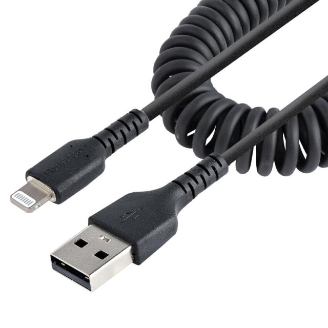 StarTech.com - Cable 50cm USB a Lightning con Certificación MFi, Cable Rizado de Carga para iPhone, Negro, con Recubrimiento de