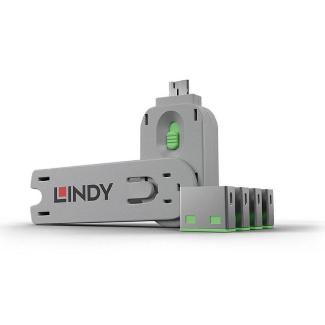 Lindy - 40451 bloqueador de puerto Bloqueador de puerto + clave USB tipo A Verde Acrilonitrilo butadieno estireno (ABS) 5 pieza(
