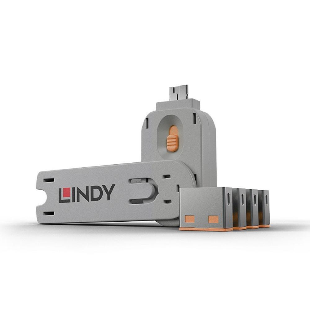 Lindy - 40453 bloqueador de puerto Bloqueador de puerto + clave USB tipo A Naranja Acrilonitrilo butadieno estireno (ABS) 5 piez