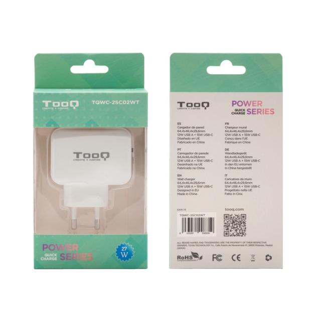 TooQ - Cargador de Pared doble puerto USB-C + USB A, 27W