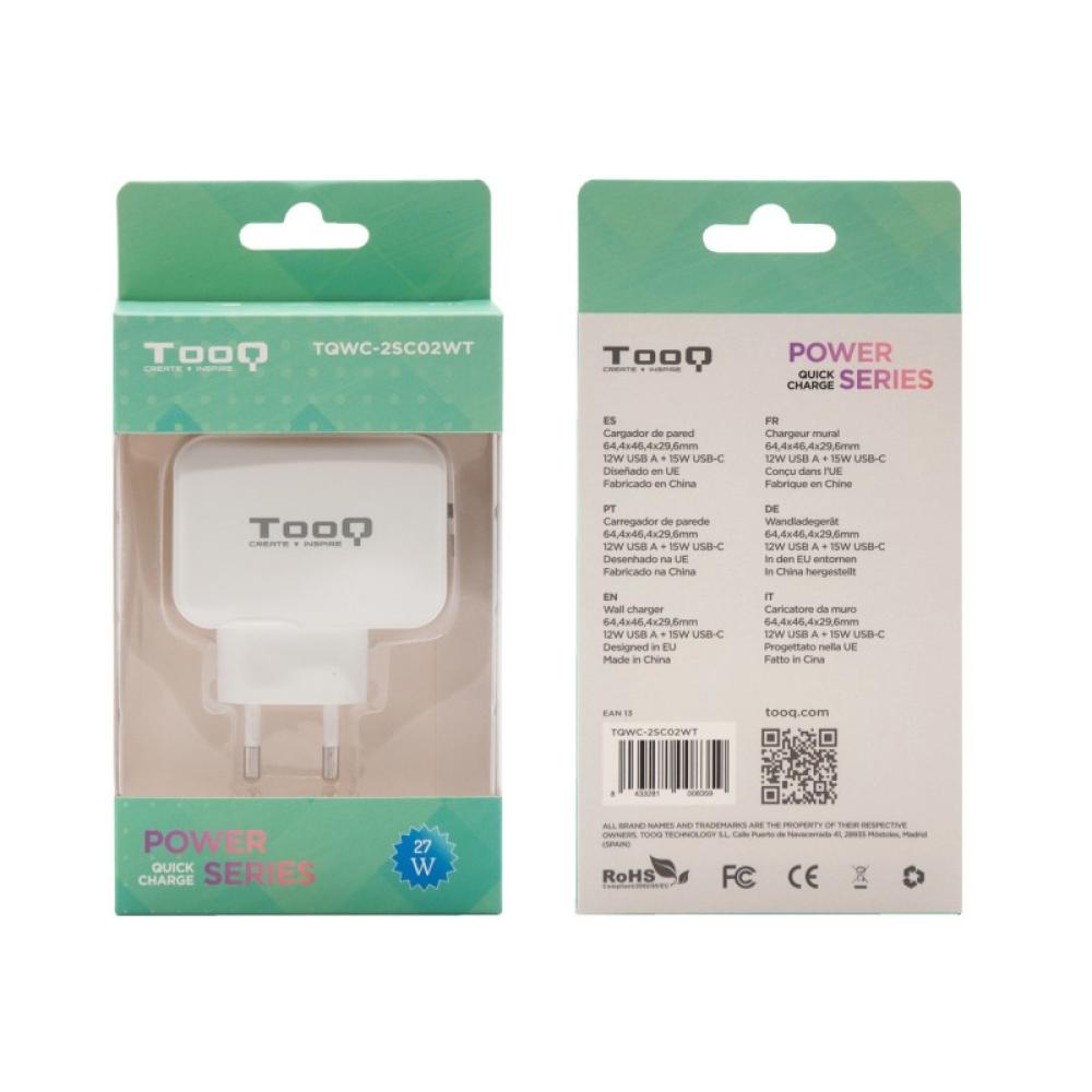 TooQ - Cargador de Pared doble puerto USB-C + USB A, 27W