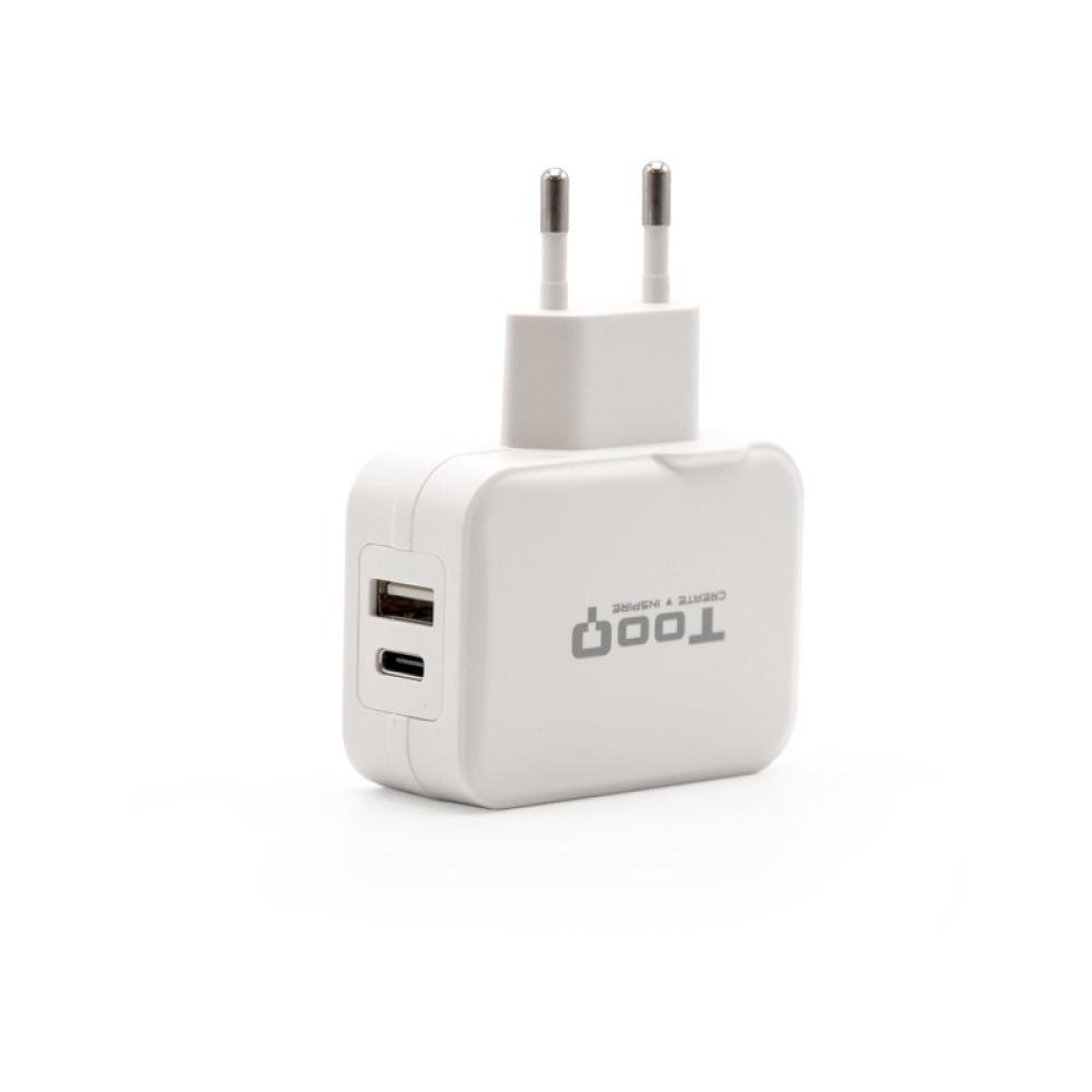 TooQ - Cargador de Pared doble puerto USB-C + USB A, 27W
