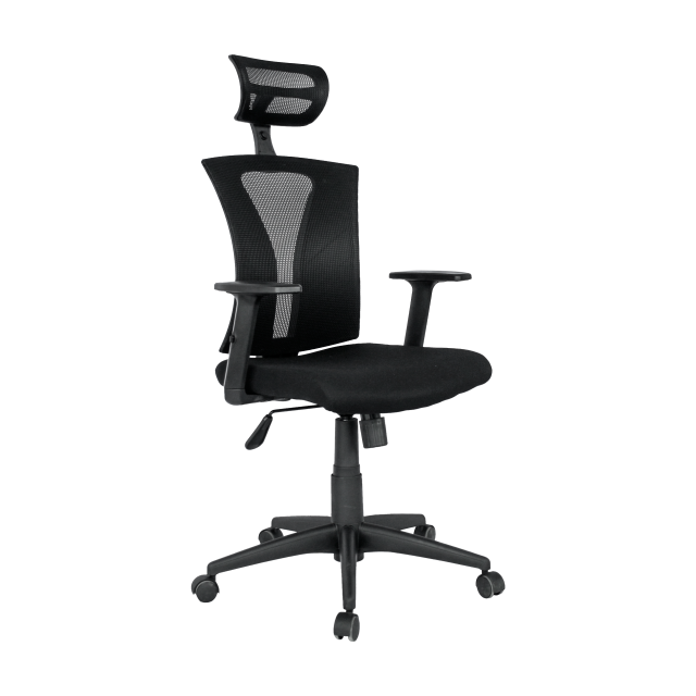 Sillón de oficina PRAGA, ergonómico, basculante, malla negra, asiento tejido negro