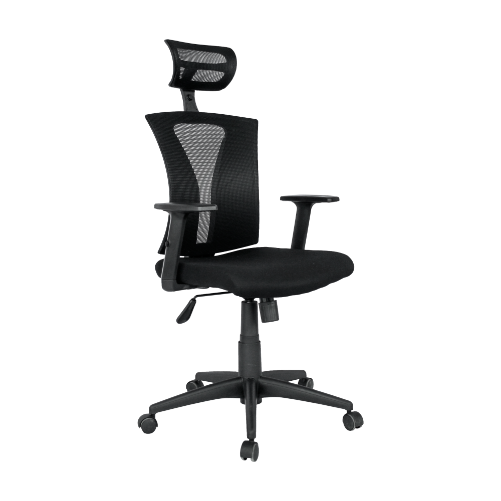 Sillón de oficina PRAGA, ergonómico, basculante, malla negra, asiento tejido negro