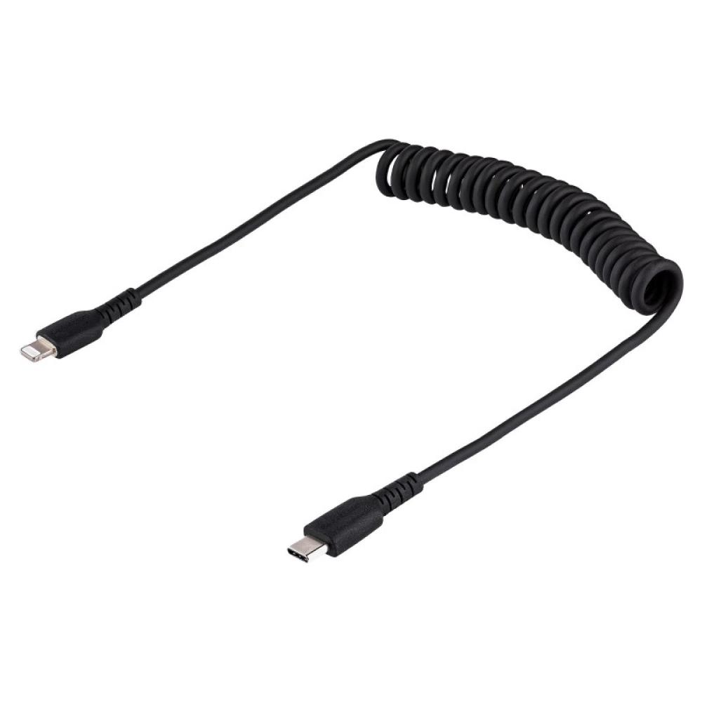 StarTech.com - Cable de 50cm USB-C a Lightning MFi, Cable USB Tipo C Rizado de Carga Negro para iPhone, con Recubrimiento de TPE