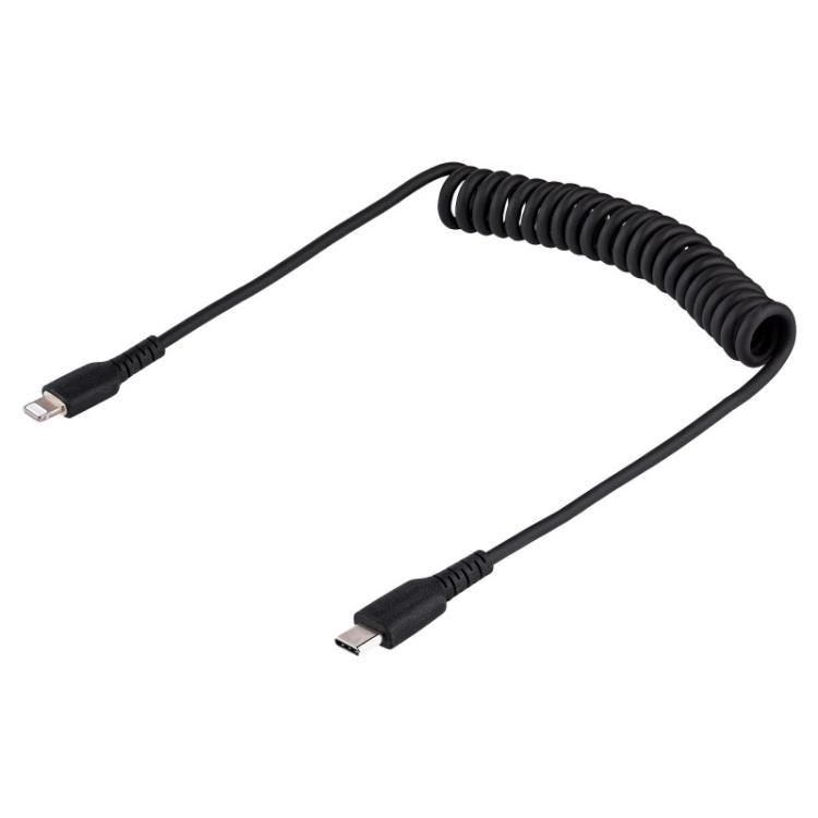 StarTech.com - Cable de 50cm USB-C a Lightning MFi, Cable USB Tipo C Rizado de Carga Negro para iPhone, con Recubrimiento de TPE