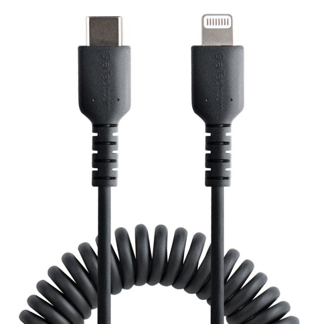 StarTech.com - Cable de 50cm USB-C a Lightning MFi, Cable USB Tipo C Rizado de Carga Negro para iPhone, con Recubrimiento de TPE
