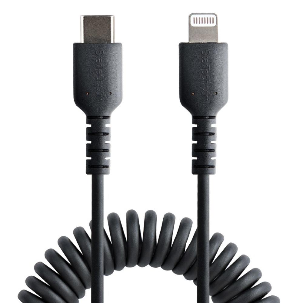 StarTech.com - Cable de 50cm USB-C a Lightning MFi, Cable USB Tipo C Rizado de Carga Negro para iPhone, con Recubrimiento de TPE
