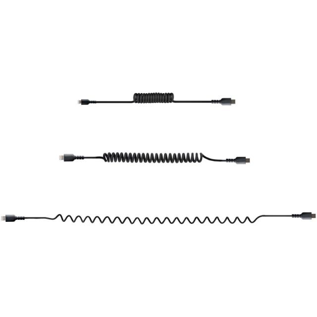 StarTech.com - Cable de 50cm USB-C a Lightning MFi, Cable USB Tipo C Rizado de Carga Negro para iPhone, con Recubrimiento de TPE