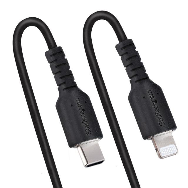 StarTech.com - Cable de 50cm USB-C a Lightning MFi, Cable USB Tipo C Rizado de Carga Negro para iPhone, con Recubrimiento de TPE