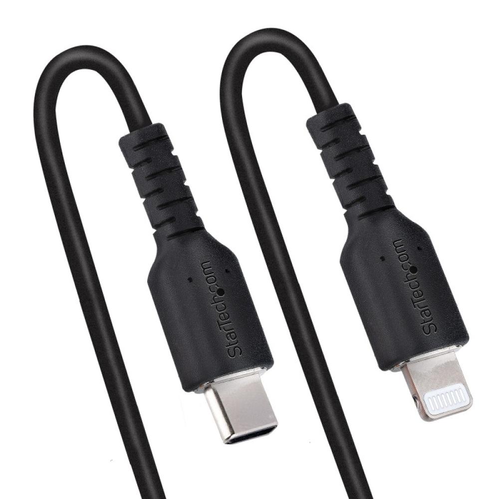 StarTech.com - Cable de 50cm USB-C a Lightning MFi, Cable USB Tipo C Rizado de Carga Negro para iPhone, con Recubrimiento de TPE