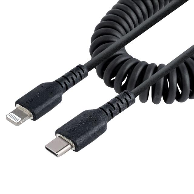 StarTech.com - Cable de 50cm USB-C a Lightning MFi, Cable USB Tipo C Rizado de Carga Negro para iPhone, con Recubrimiento de TPE