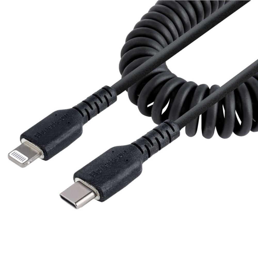 StarTech.com - Cable de 50cm USB-C a Lightning MFi, Cable USB Tipo C Rizado de Carga Negro para iPhone, con Recubrimiento de TPE