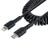 StarTech.com - Cable de 50cm USB-C a Lightning MFi, Cable USB Tipo C Rizado de Carga Negro para iPhone, con Recubrimiento de TPE