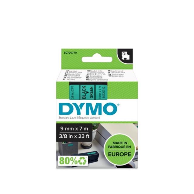 DYMO - D1 - Etiquetas estándar - Negro sobre verde - 9mm x 7m