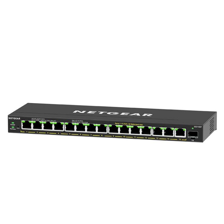 NETGEAR - GS316EP-100PES switch Gestionado Gigabit Ethernet (10/100/1000) Energía sobre Ethernet (PoE) Negro