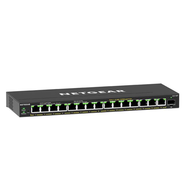 NETGEAR - GS316EP-100PES switch Gestionado Gigabit Ethernet (10/100/1000) Energía sobre Ethernet (PoE) Negro