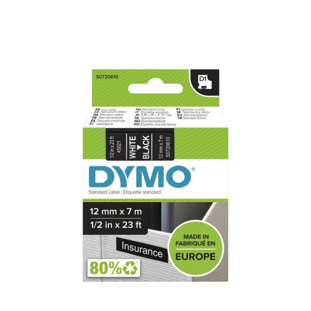 DYMO - D1 - Etiquetas estándar - Blanco sobre negro - 12mm x 7m