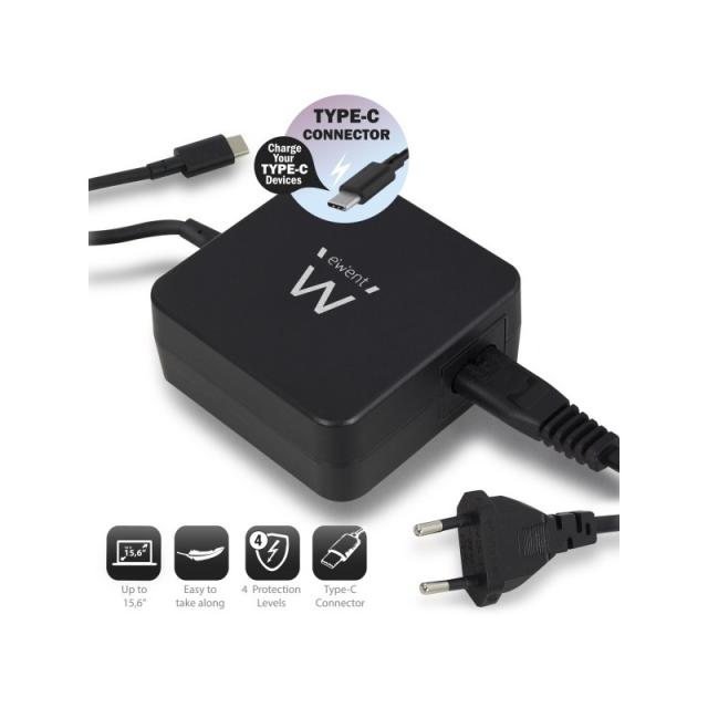 Ewent - EW3980 adaptador e inversor de corriente Interior 65 W Negro