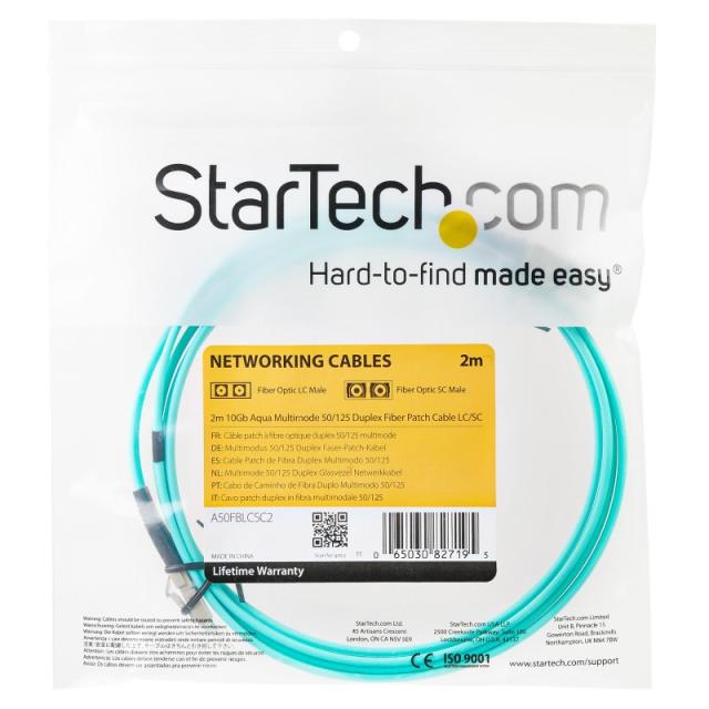 StarTech.com - Cable de 2m de Fibra Óptica Multimodo OM3 LC a LC UPC - Full Duplex 50/125µm - para Redes de 100G - LOMMF/VCSEL -