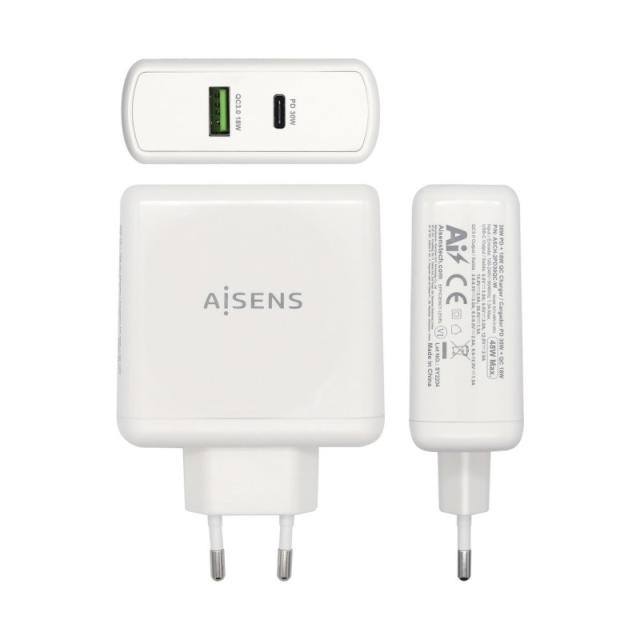 AISENS - Cargador 48 W, 1x USB-C PD3.0 30 W, 1x USB-A QC3.0 18 W, Blanco
