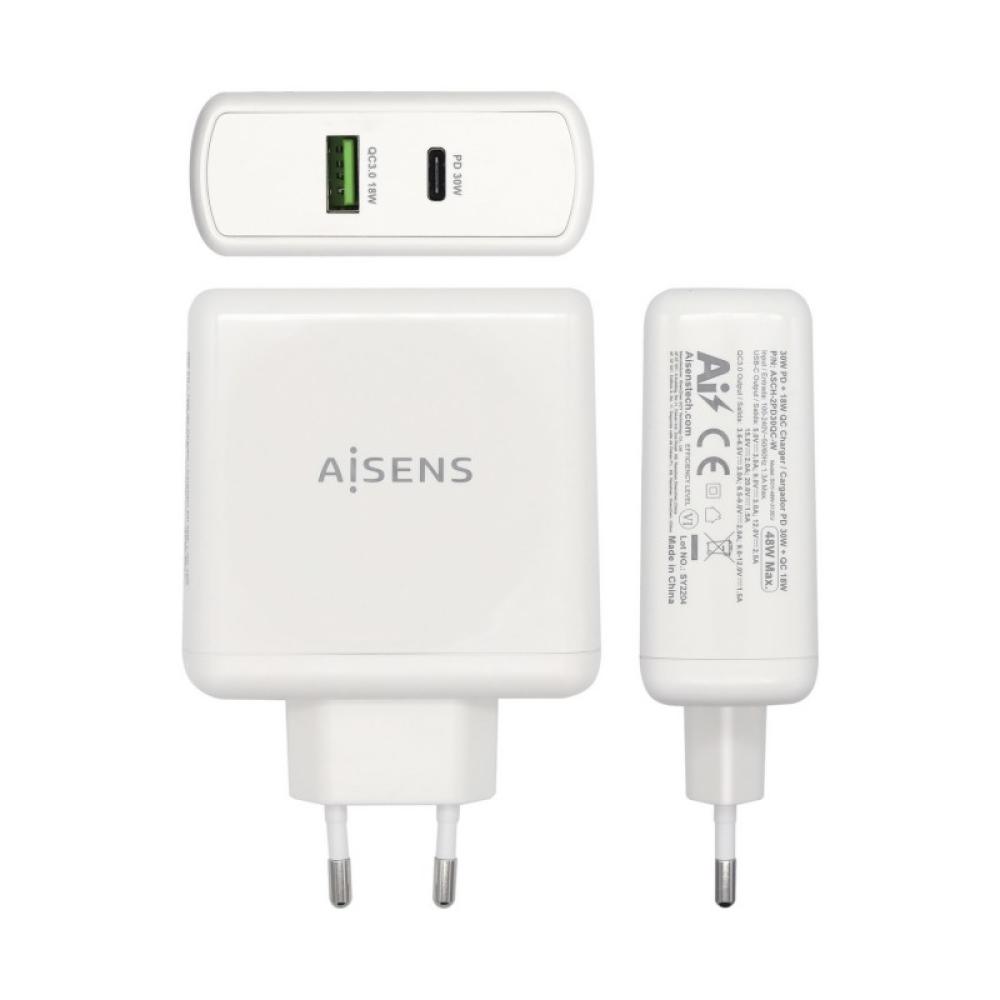 AISENS - Cargador 48 W, 1x USB-C PD3.0 30 W, 1x USB-A QC3.0 18 W, Blanco