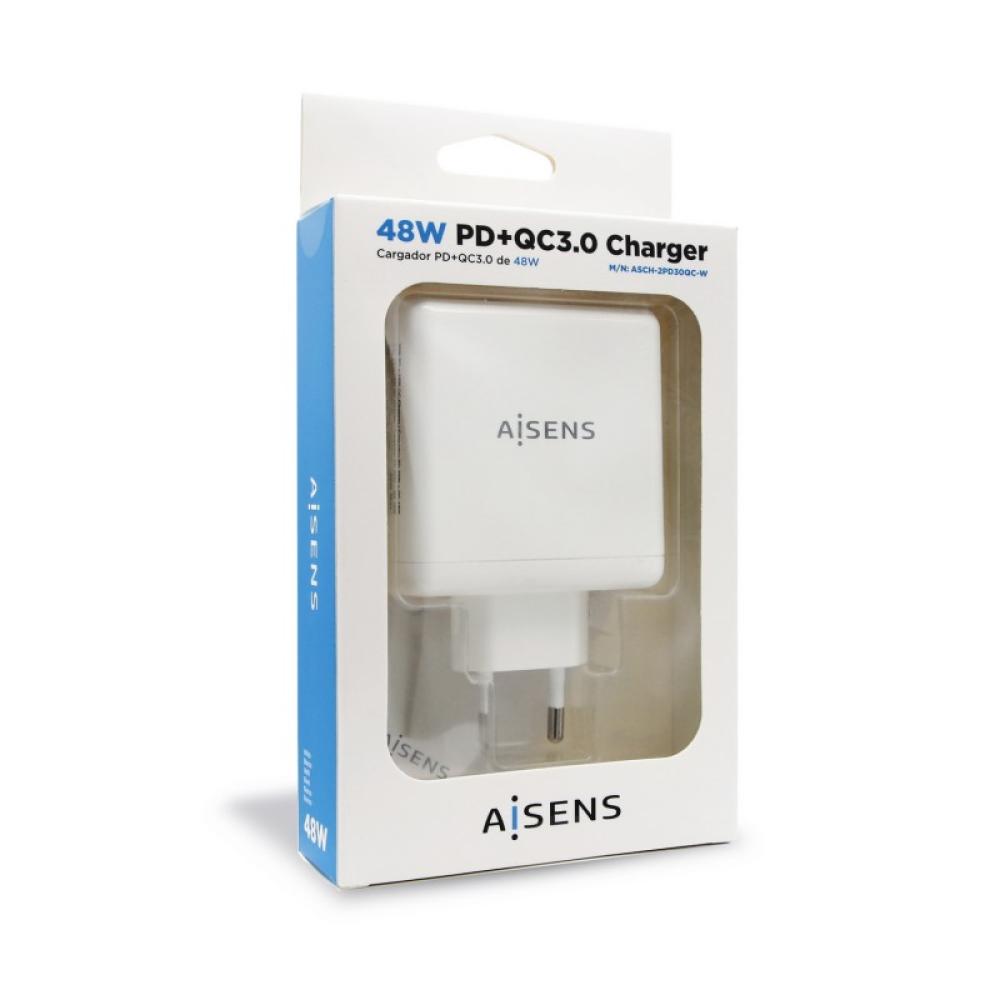 AISENS - Cargador 48 W, 1x USB-C PD3.0 30 W, 1x USB-A QC3.0 18 W, Blanco