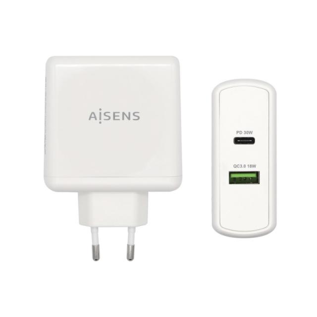AISENS - Cargador 48 W, 1x USB-C PD3.0 30 W, 1x USB-A QC3.0 18 W, Blanco