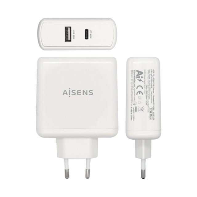 AISENS - Cargador 57 W, 1x USB-C PD3.0 45 W, 1x USB-A 5 V / 2.4 A 12 W, Blanco