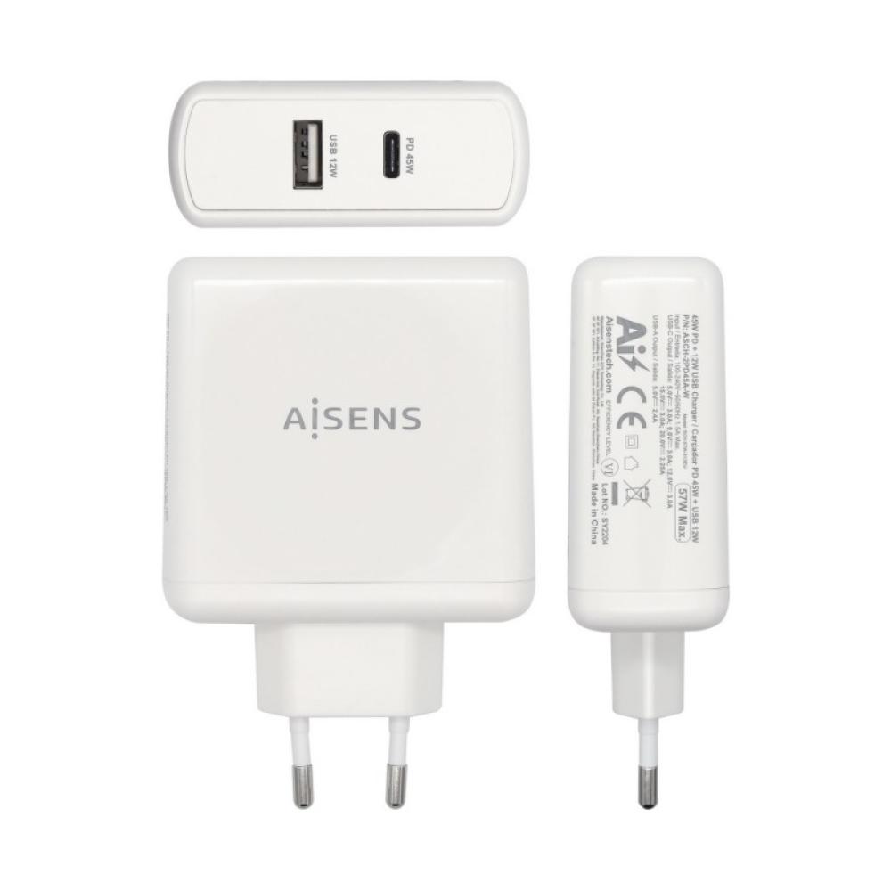 AISENS - Cargador 57 W, 1x USB-C PD3.0 45 W, 1x USB-A 5 V / 2.4 A 12 W, Blanco