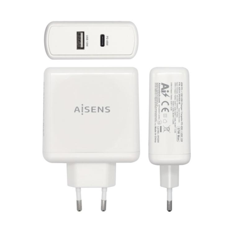 AISENS - Cargador 57 W, 1x USB-C PD3.0 45 W, 1x USB-A 5 V / 2.4 A 12 W, Blanco