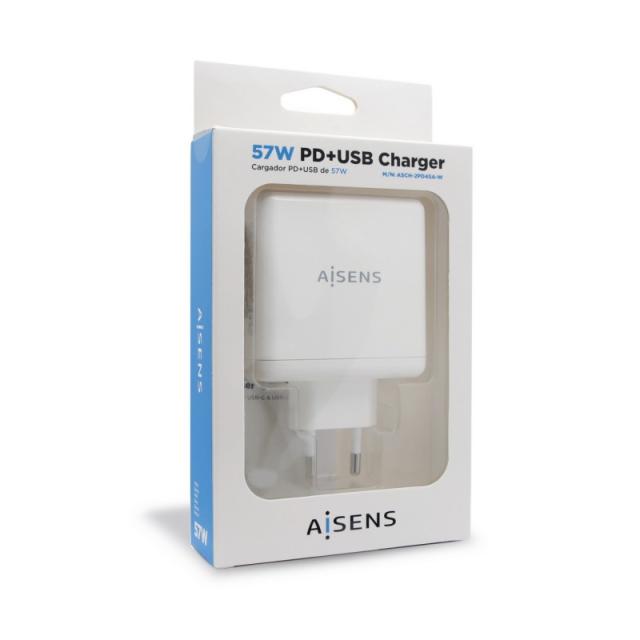 AISENS - Cargador 57 W, 1x USB-C PD3.0 45 W, 1x USB-A 5 V / 2.4 A 12 W, Blanco