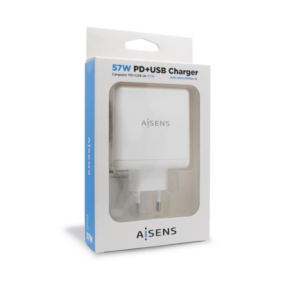 AISENS - Cargador 57 W, 1x USB-C PD3.0 45 W, 1x USB-A 5 V / 2.4 A 12 W, Blanco