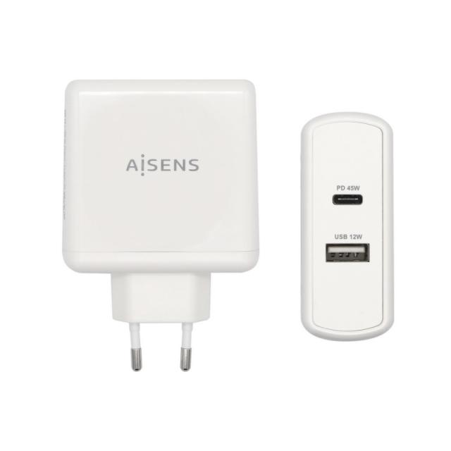 AISENS - Cargador 57 W, 1x USB-C PD3.0 45 W, 1x USB-A 5 V / 2.4 A 12 W, Blanco