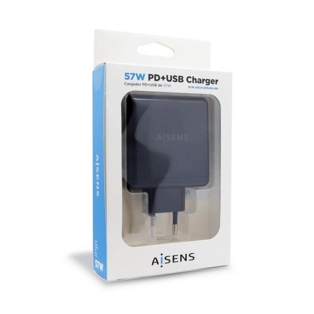 AISENS - ASCH-2PD45A-BK cargador de dispositivo móvil GPS, Mando para videojuegos, MP3, MP4, Teléfono móvil, Portátil, Smartphon