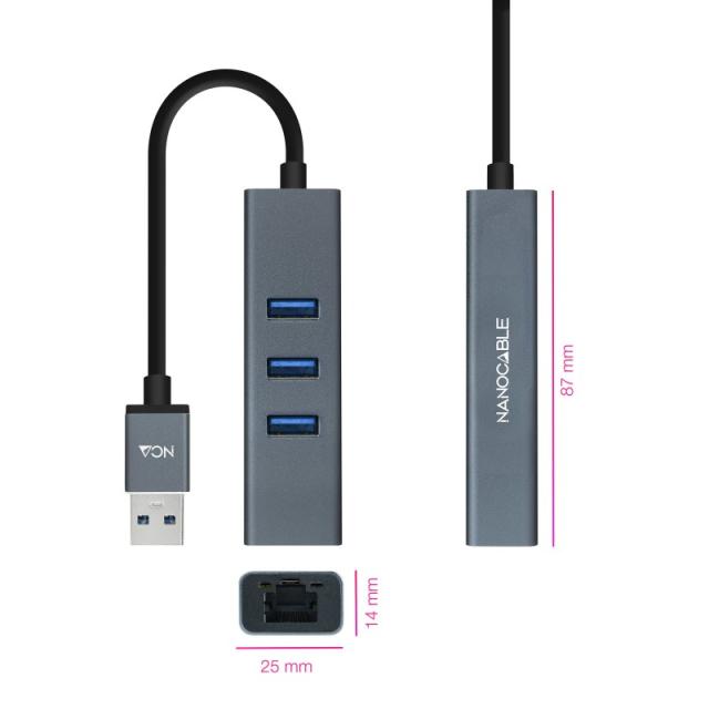 Nanocable - Conversor USB 3.0 a Ethernet Gigabit + 3XUSB 3.0, Aluminio, Gris, 15 cm