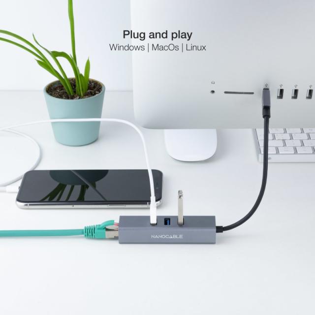 Nanocable - Conversor USB 3.0 a Ethernet Gigabit + 3XUSB 3.0, Aluminio, Gris, 15 cm